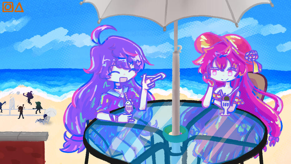 Art of Dawn and Tsuki enjoying ice cream at the beach.